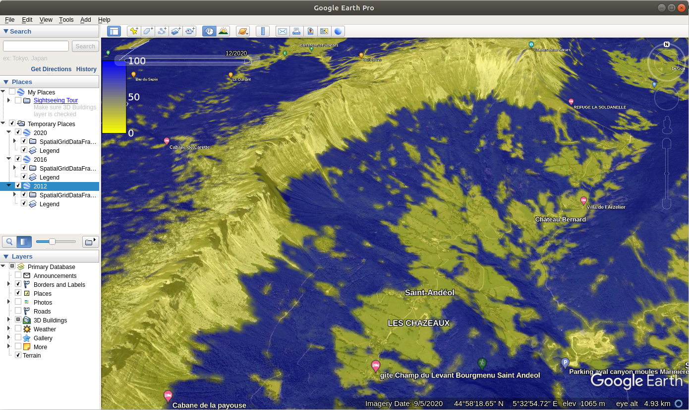 Spacetime predictions of distribution of Fagus Sylvatica visualized as time-series data in Google Earth.