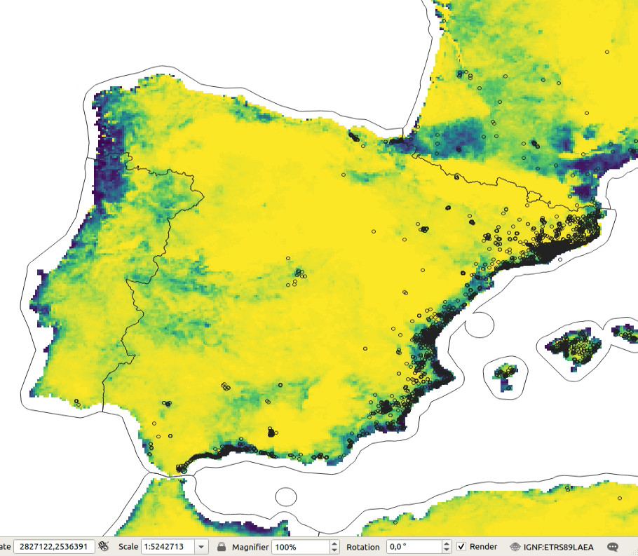 Predicted probability of occurence for Tiger mosquito based on the maxent analysis. Darker-green areas indicated close to 100% probability of occurrence.