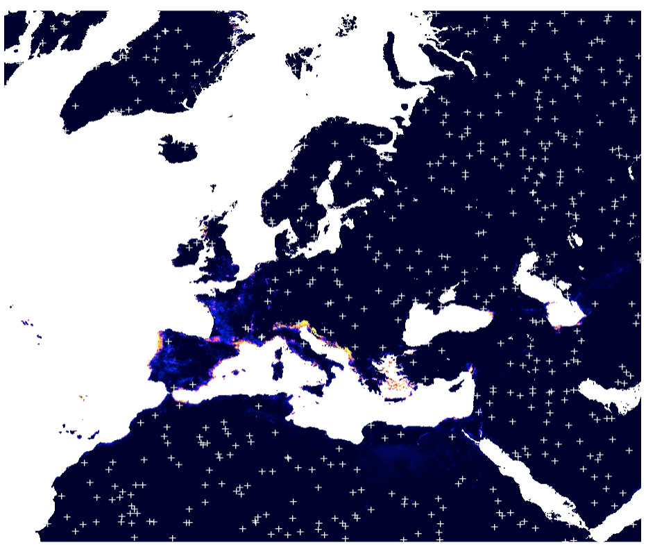 Simulated pseudo-absences based on the maxent analysis (predictions in the background).