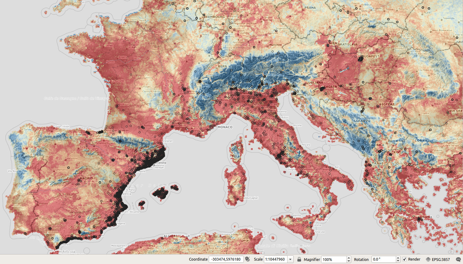 Predicted anomaly score based on the solitude package for the Tiger mosquito. Red values indicate low anomaly.