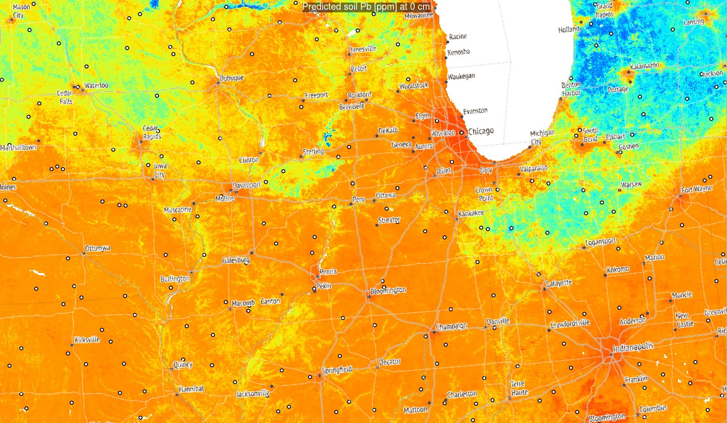 Predictions of Pb concentration for different soil depths based on Ensemble ML. Points indicate training points used to build the predictive mapping model. Red color indicates high values. Values of Pb clearly drop with soil depth.