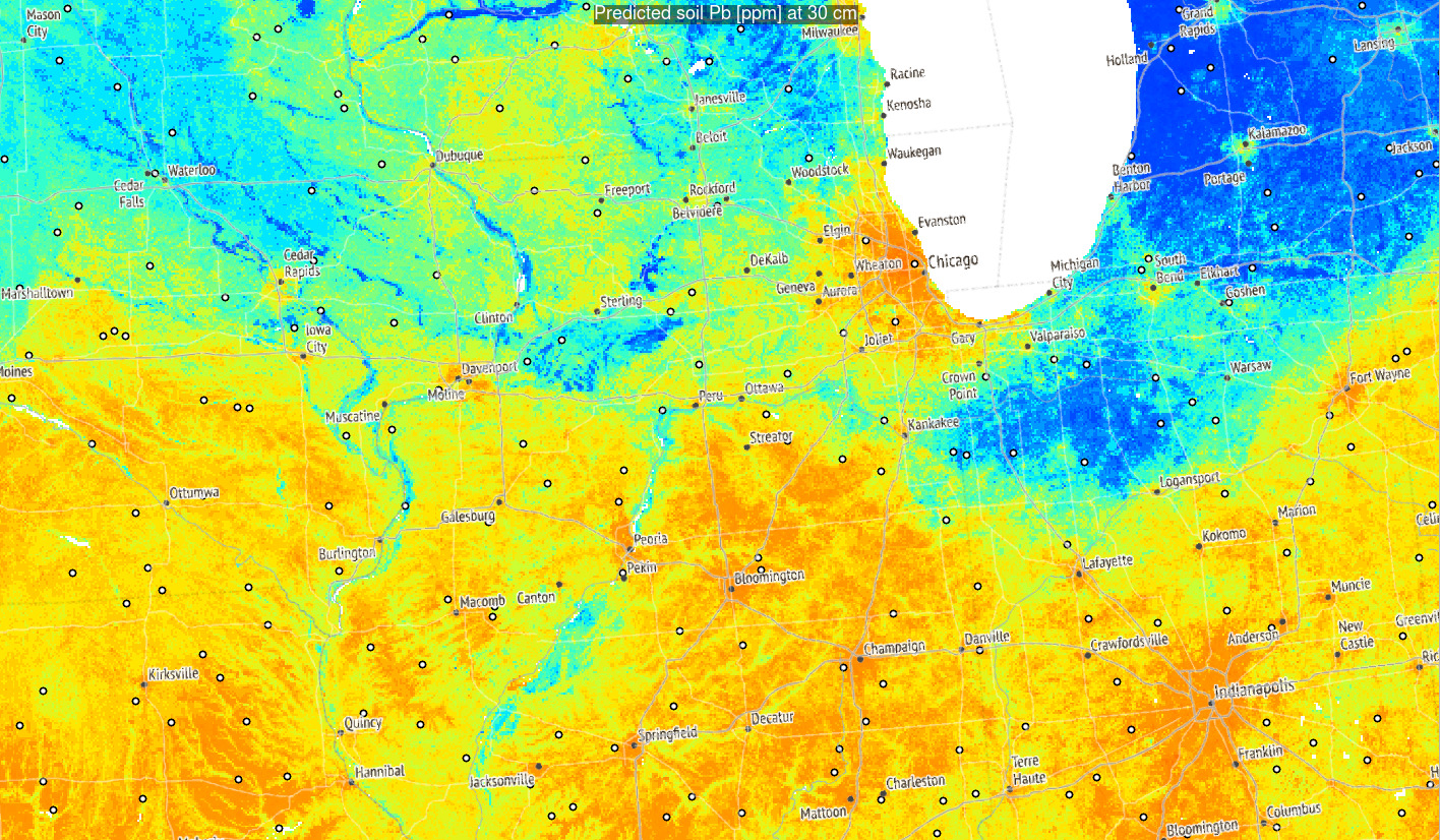 Predictions of Pb concentration for different soil depths based on Ensemble ML. Points indicate training points used to build the predictive mapping model. Red color indicates high values. Values of Pb clearly drop with soil depth.