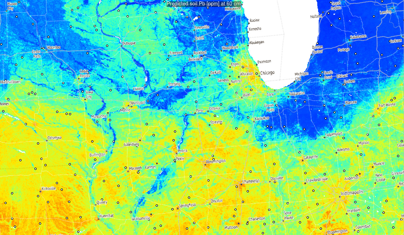 Predictions of Pb concentration for different soil depths based on Ensemble ML. Points indicate training points used to build the predictive mapping model. Red color indicates high values. Values of Pb clearly drop with soil depth.