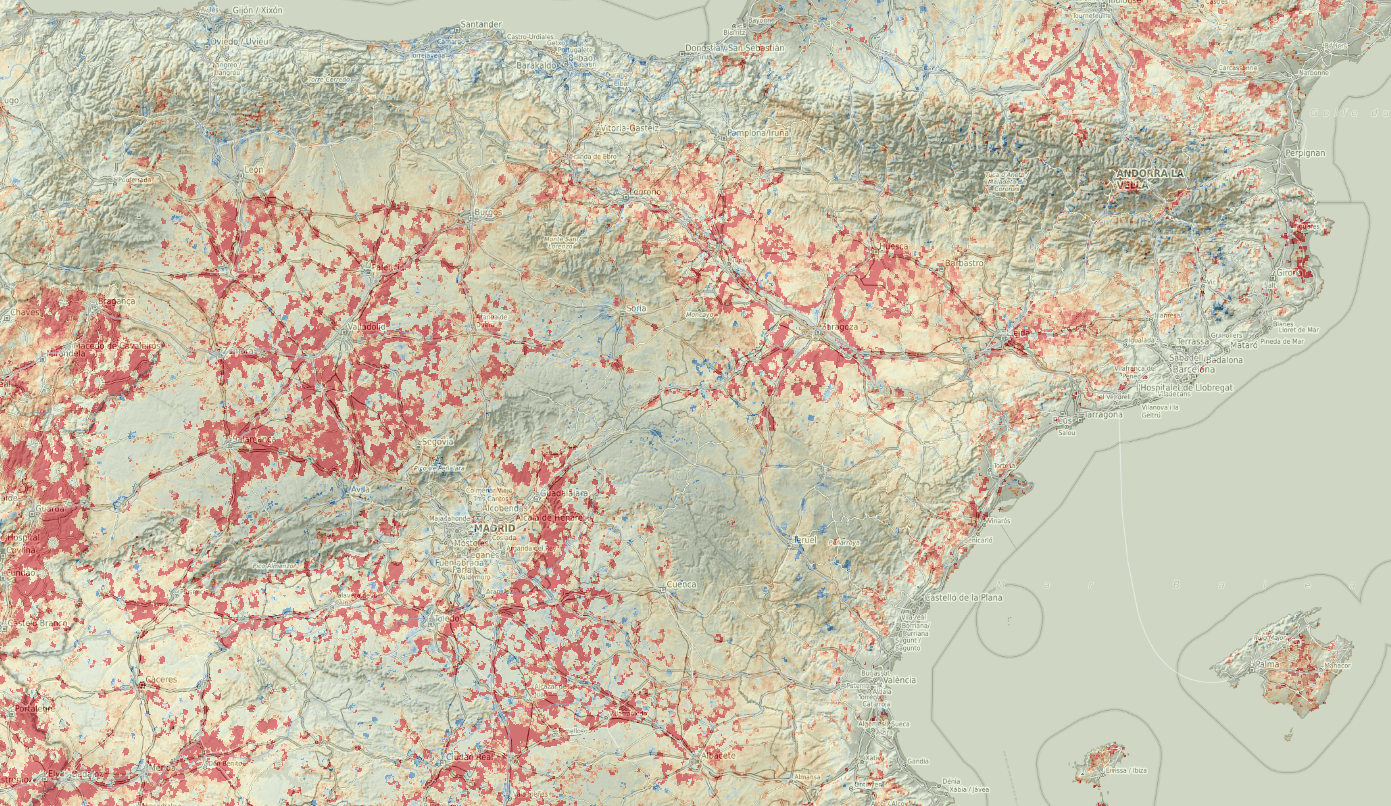 Trend map for mosquito distribution through time. Red color indicates increase in occurrence probability, blue color decrease.