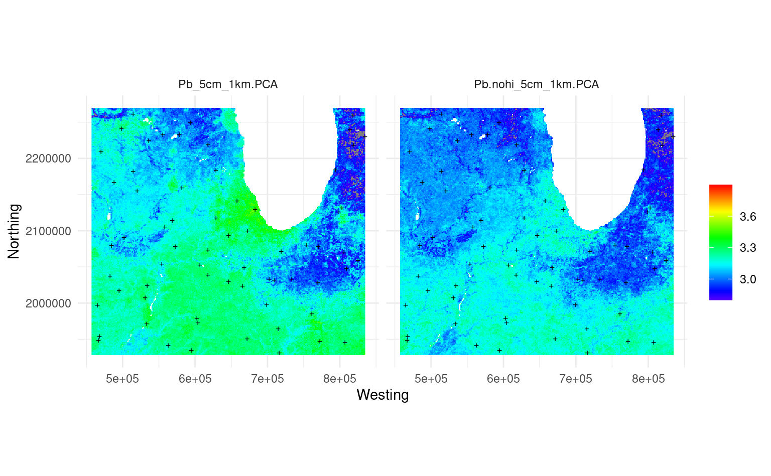 Predicted Pb concentration using decomposition-composition PCA method with original covariates (left) and assuming no human influence (right).