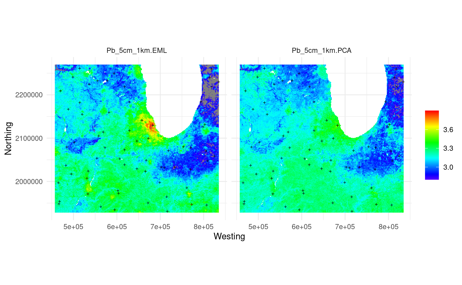 Predicted Pb concentration using ensemble ML (left) vs using the decomposition-composition PCA method (right).