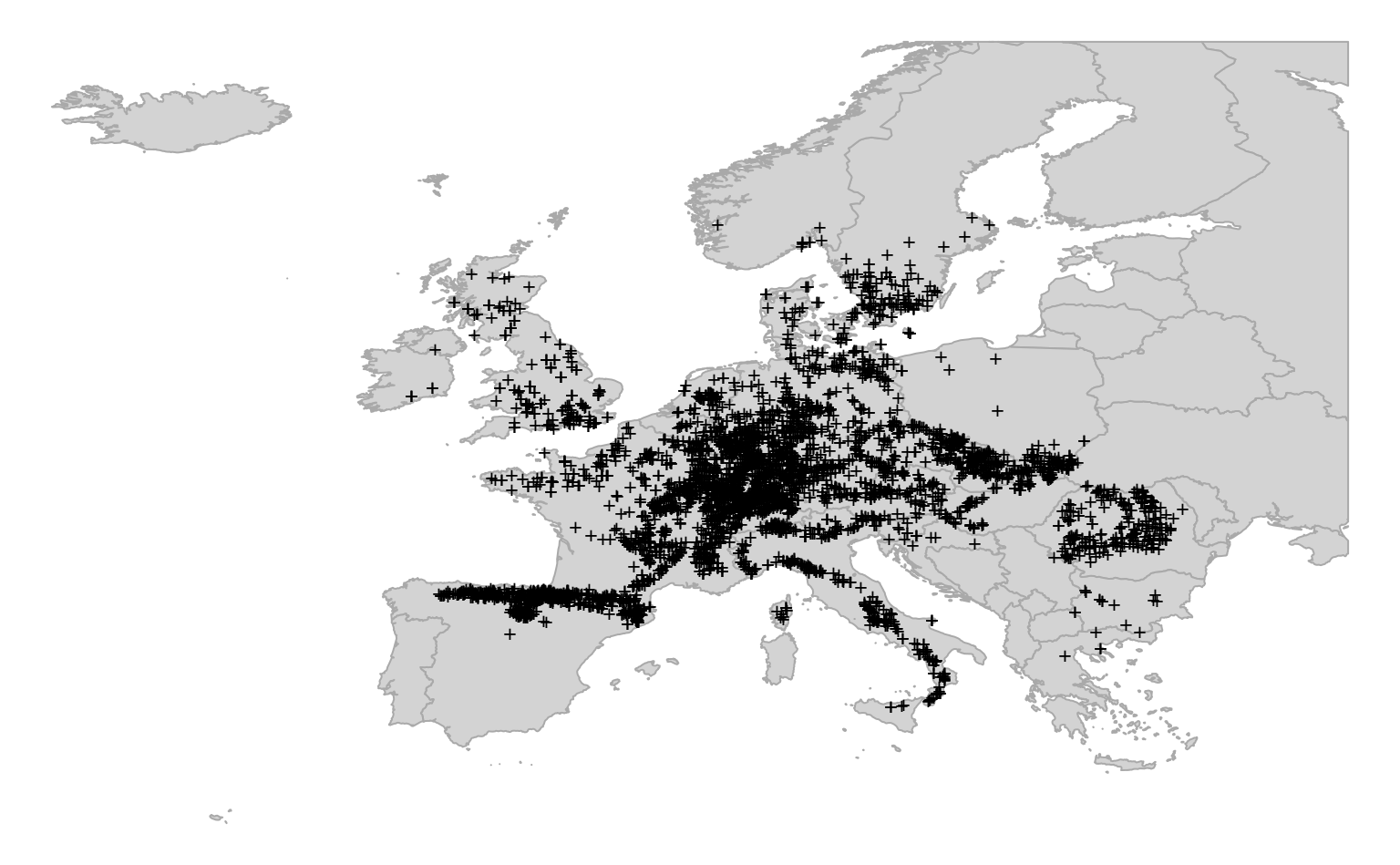 Distribution of occurrence locations for Fagus sylvatica. Each training points is also referrenced in time and hence can be used to run spacetime overlay.